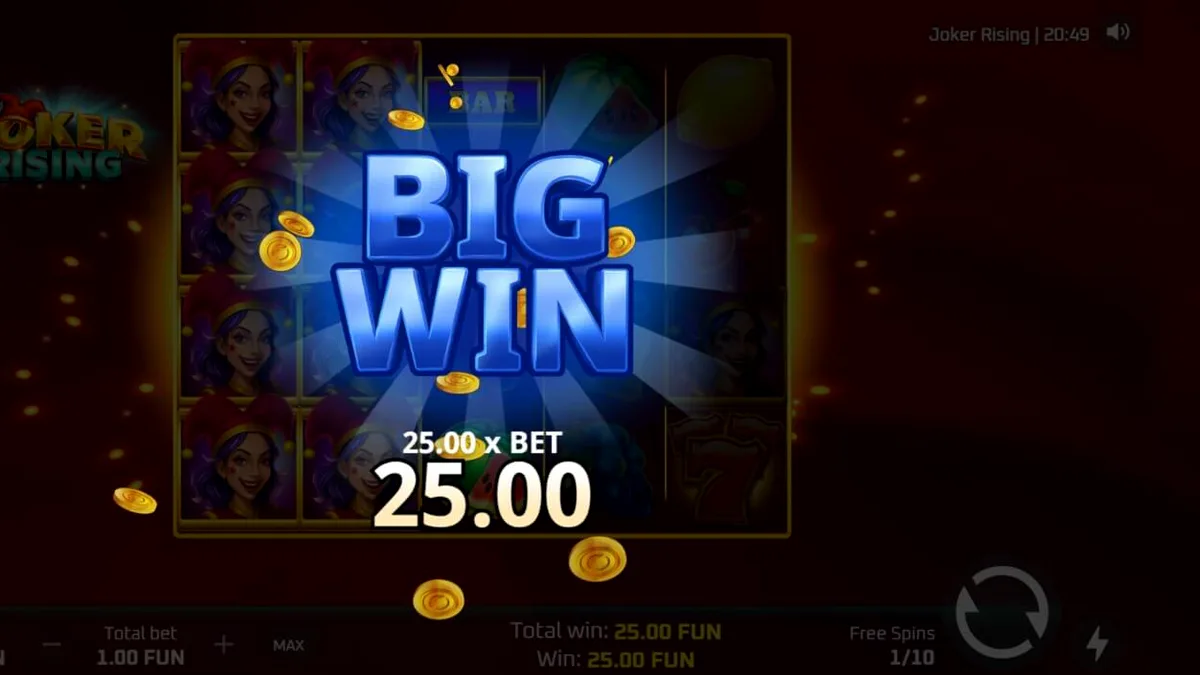 Tampilan visual slot Joker Rising dengan simbol buah neon dan karakter Joker