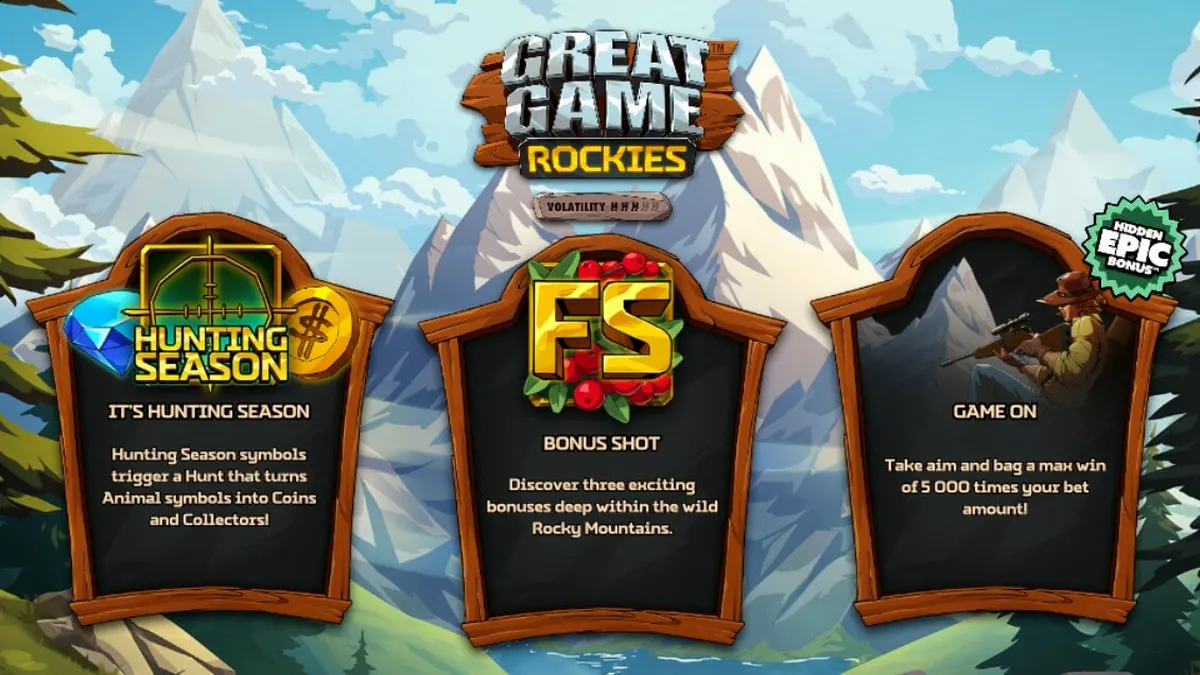 Pemandangan pegunungan Great Game Rockies dengan simbol hewan dan fitur berburu