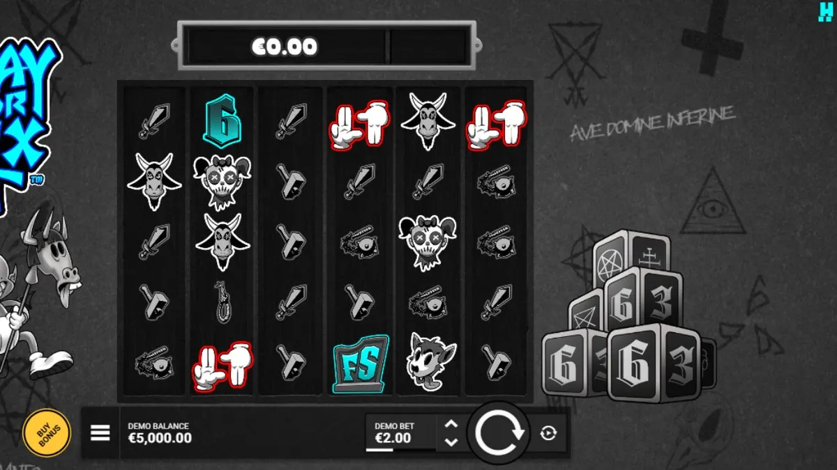 Tampilan visual slot Pray for Six dengan nuansa monokrom dan karakter kartun yang unik.